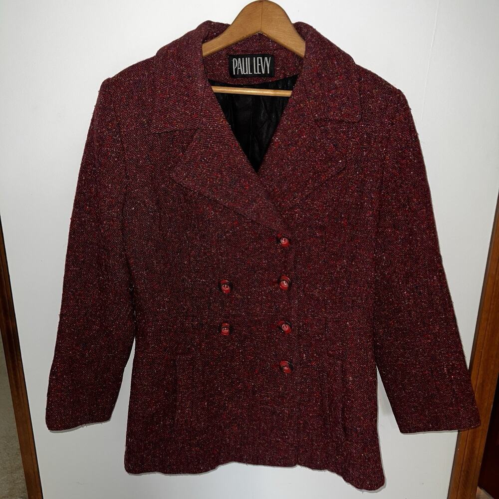 Vintage 80s Paul Levy 100% Wool Tweed Blazer Jacket M Red Double Breasted DR